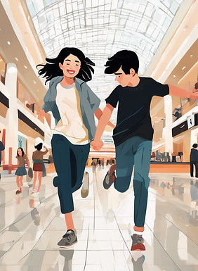 boy and girl with black hair running holding hands in a mall.jpg