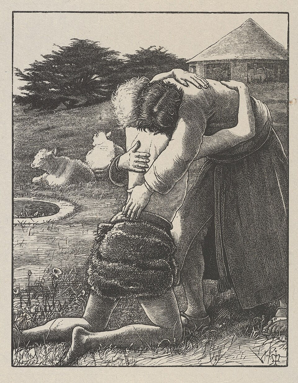 Two figures embrace warmly in a pastoral setting with trees, a pond, and sheep. One kneels, the mood is emotional and serene.