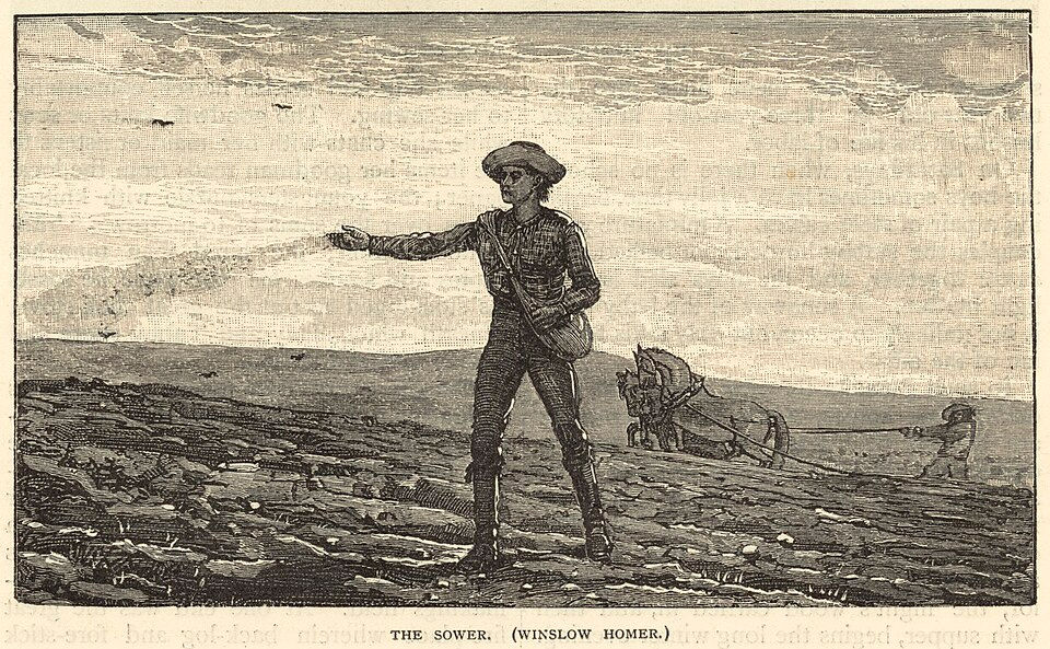 A farmer spreads seeds in a field, wearing a hat, with a horse-drawn plow in the background. The mood is industrious and rural.