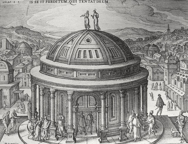 Ancient rotunda with two figures on the dome, surrounded by townspeople. Detailed architecture, hilly landscape. Latin text atop image.