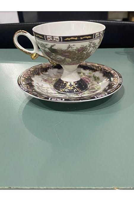 Küçük resim: Tavus Kuşlu Siyah İnce Porselen 12 Parça Ayaklı Kahve Fincan Seti - 6 Kişilik