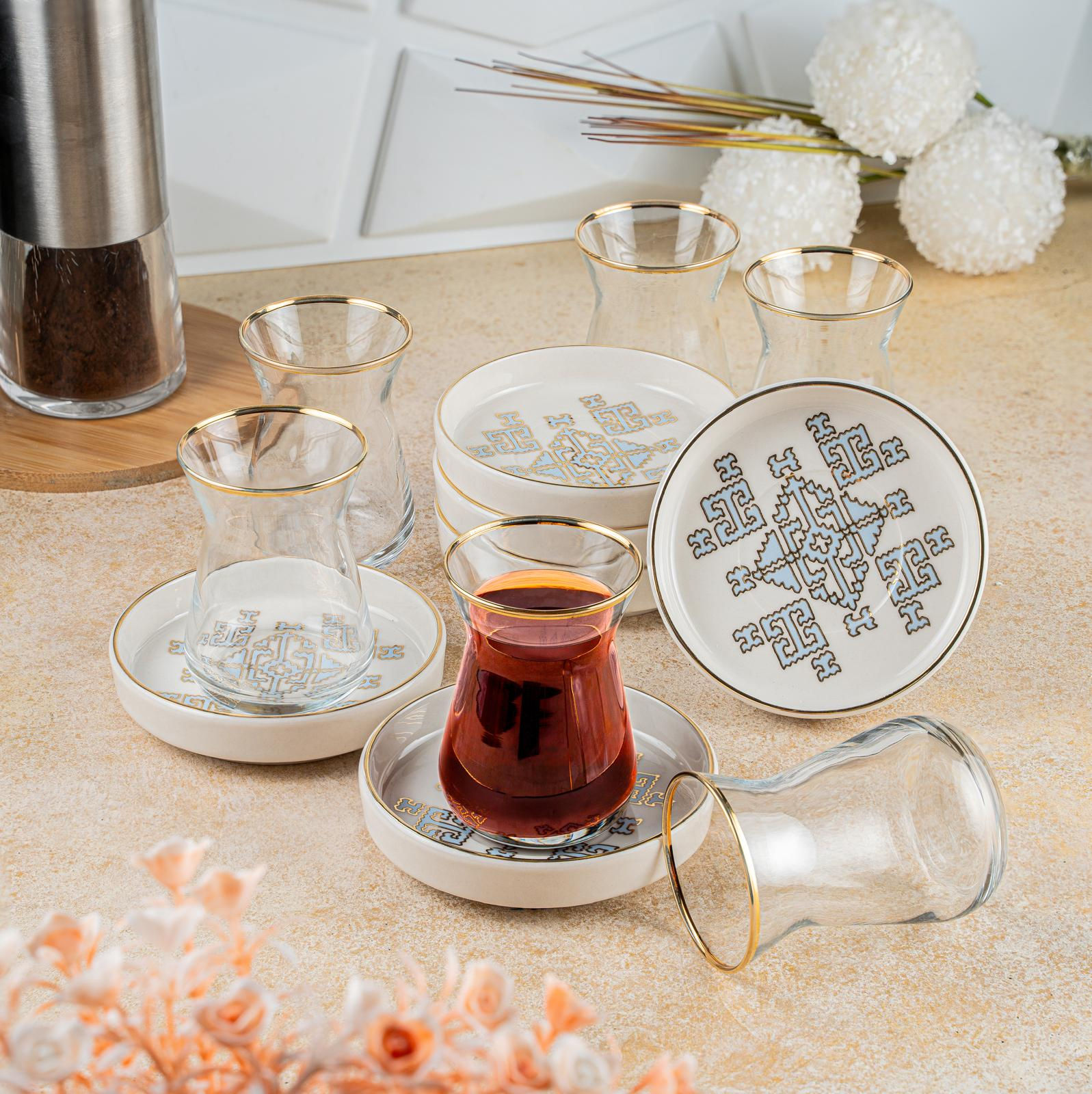 12 parça turkuaz dantel model çay seti