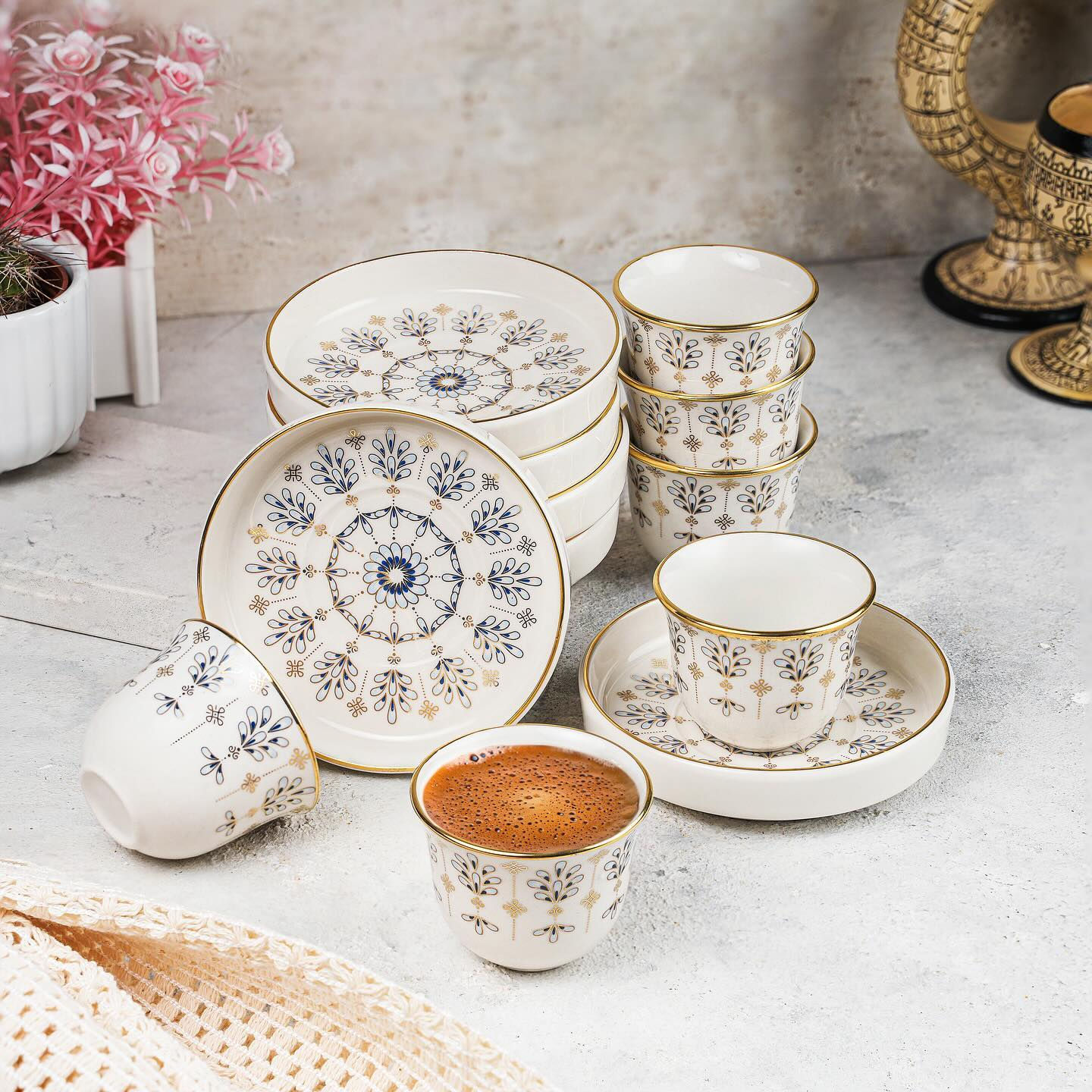 12 parça mavi boncuk model porselen çay tabağı & gawa fincan