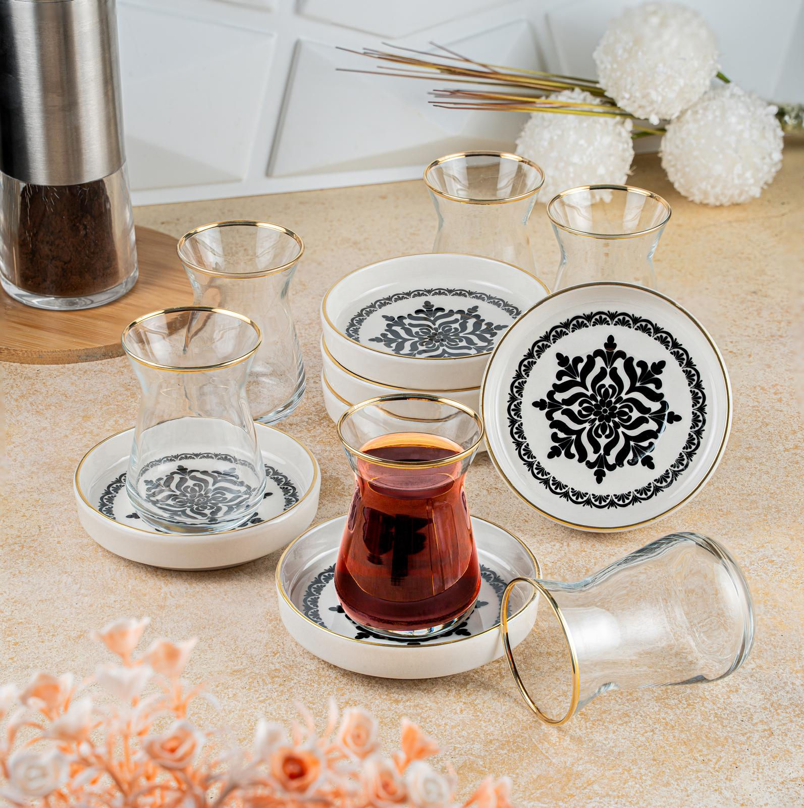 12 parça siyah gül model çay seti