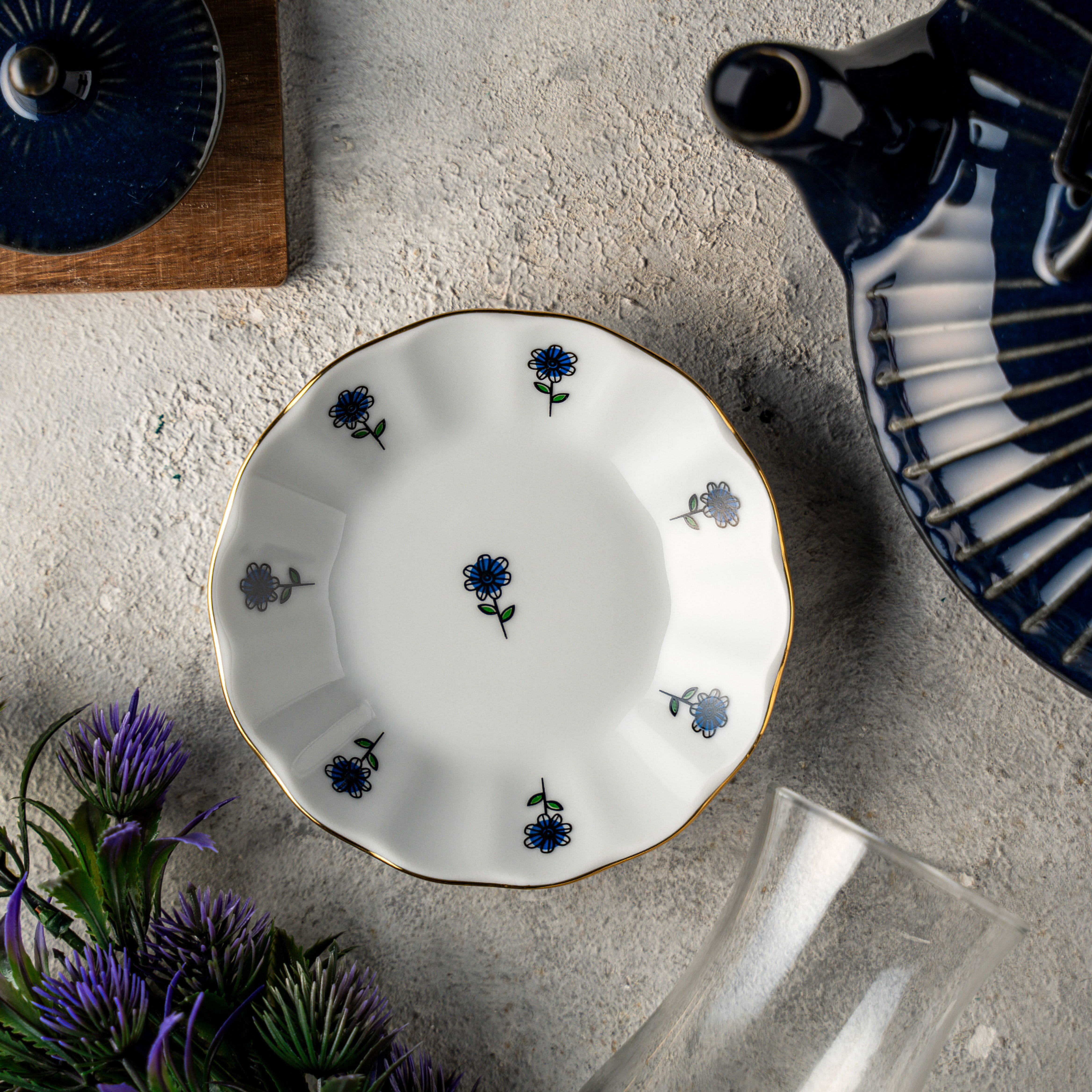 Lacivert Çiçekli Çay Tabağı - 6 Adet