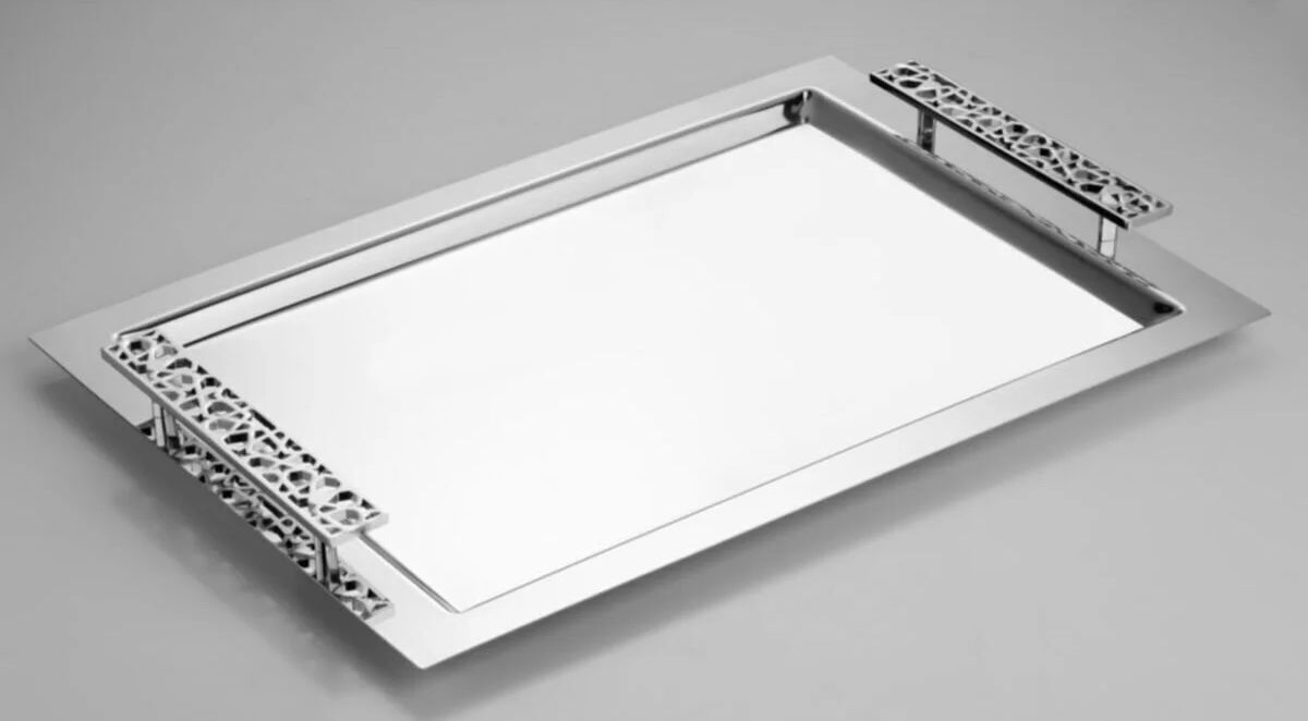Tiamo Selçuklu Model Çelik Paslanmaz Çay Tepsisi - 47 x 31 cm (Gümüş Saplı)