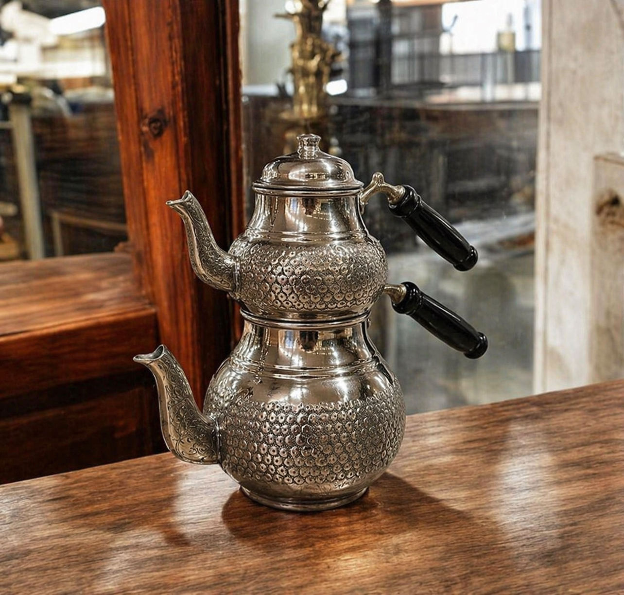 Bakır Gaziantep İşlemeli Gümüş Renkli Ağır Çaydanlık - Döküm İbrikli (Büyük Boy)