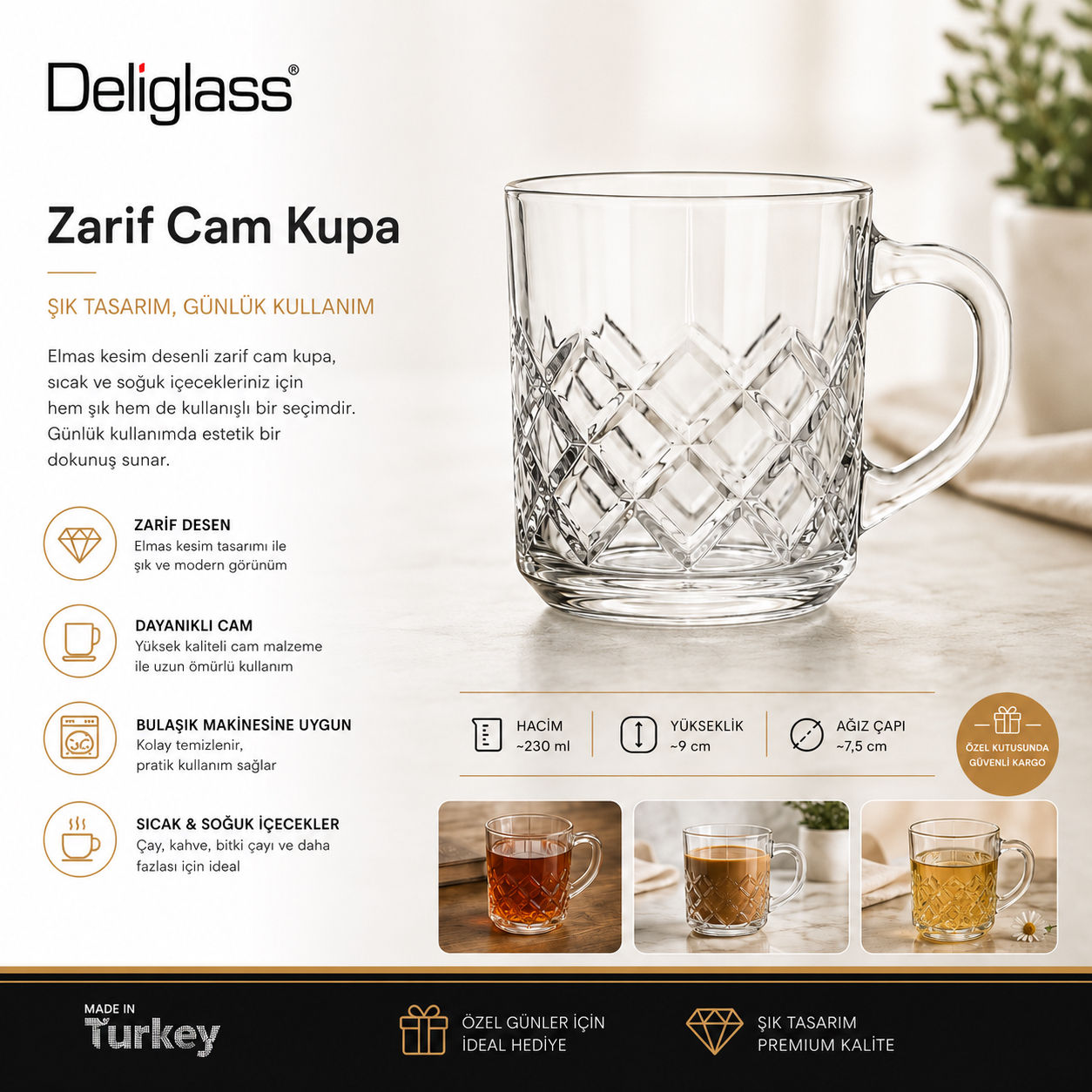 Deliglass Timeless Cam Kulplu Bardak - 6 Adet 230 ml (55462)