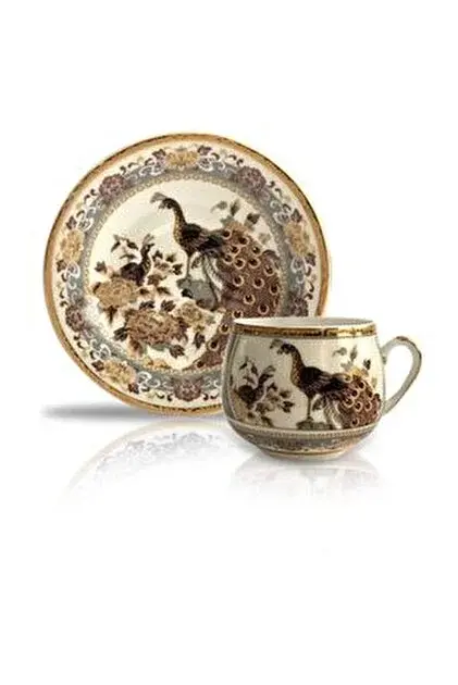 Tekli krem renkli Tavus kuşlu ince porselen kahve fincanı