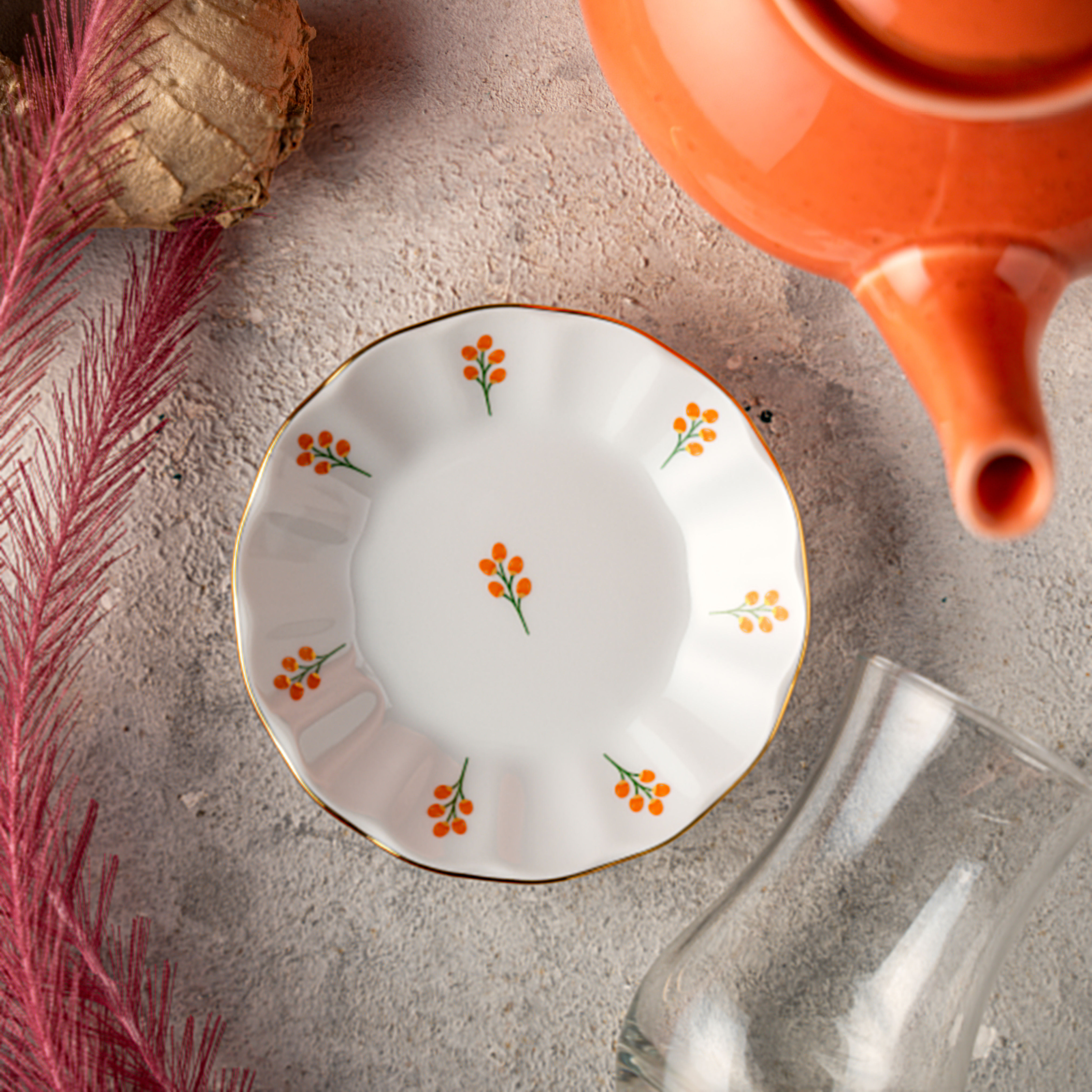 Turuncu Çiçekli Çay Tabağı - 6 Adet