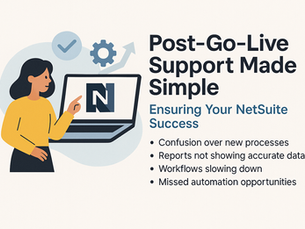 Illustration of a business team optimizing NetSuite after go-live, showing training, workflow improvements, and data accuracy for long-term success