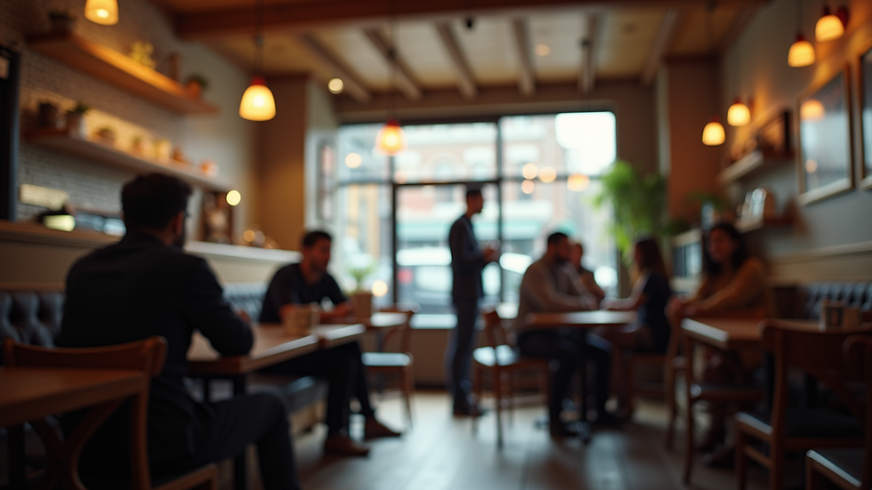 Eye-level view of a cozy coffee shop with people engaged in conversation