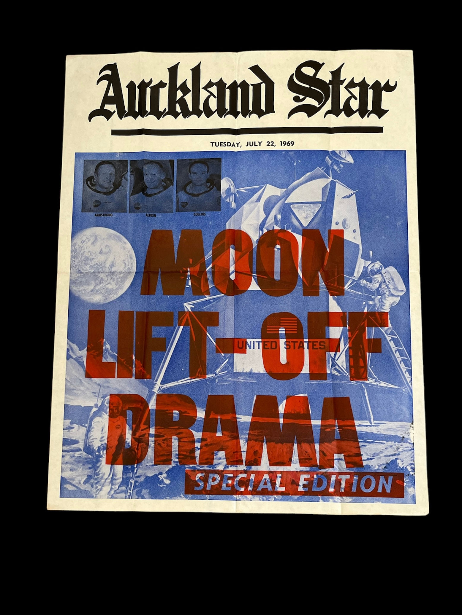 Auckland Star Headline Newspaper Poster 1969 Moon Lift Off