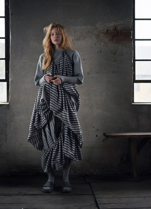 A model wearing the laundry dress by luxury fashion designers Cunnington & Sanderson