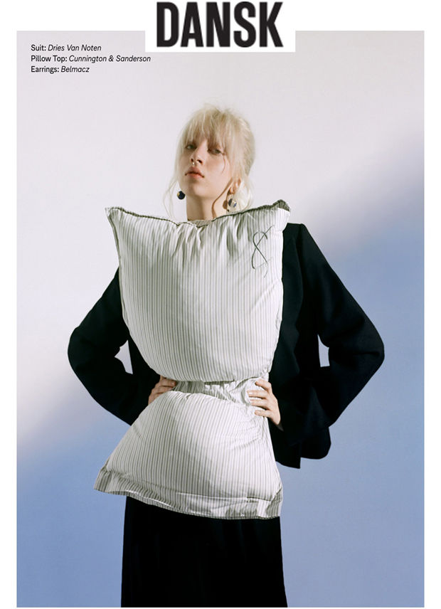 Editorial from Dansk Magazine. Model wearing the pillow top by Cunnington & Sanderson