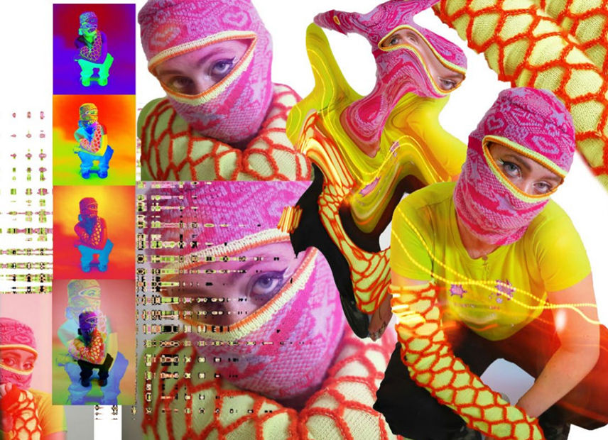 fashion photoshoot featuring emotive knitted balaclava from the cunnington & sanderson zero waste draping workshop