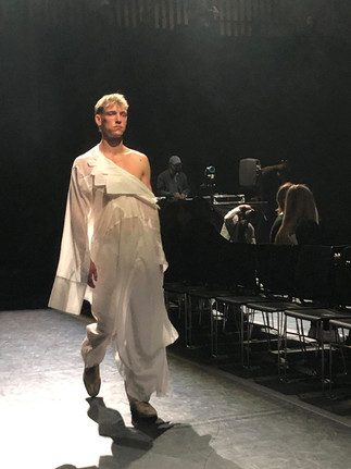 technical award male model on catwalk for student fashion show