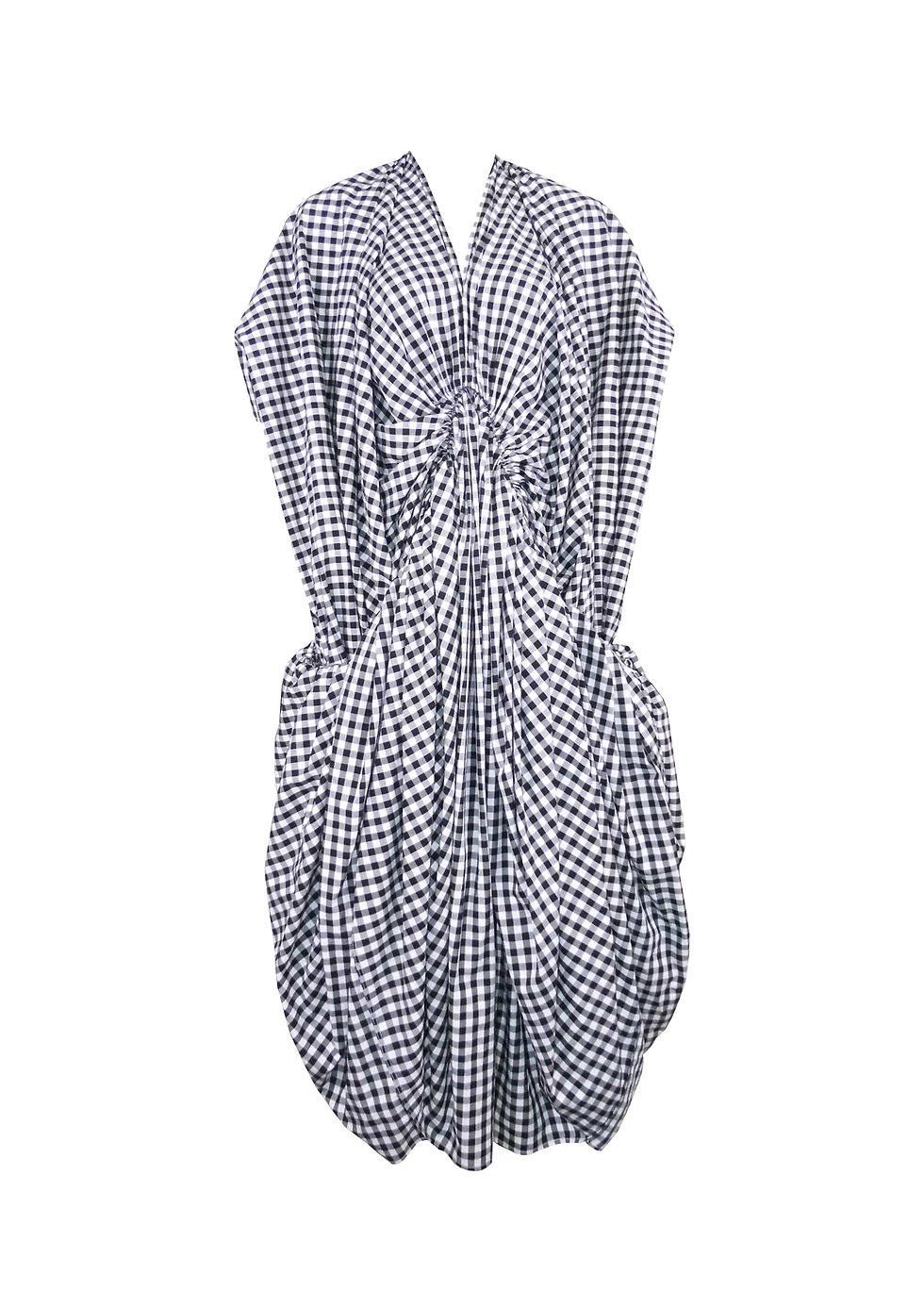 Womens Designer Gathered Drape Cotton Gingham Dress