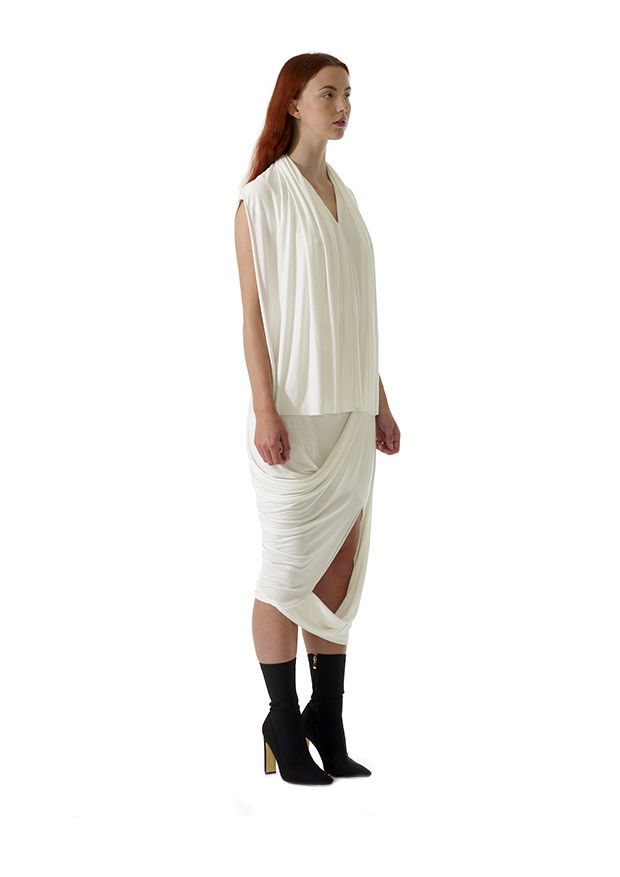 Thumbnail: White Top Side View Sleeveless V-Neck Drape Summer Style Feminine Chic