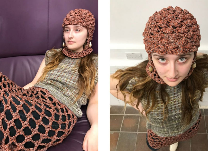 model wearing emotive knitwear balaclava from the zero waste draping workshop with cunnington & sanderson