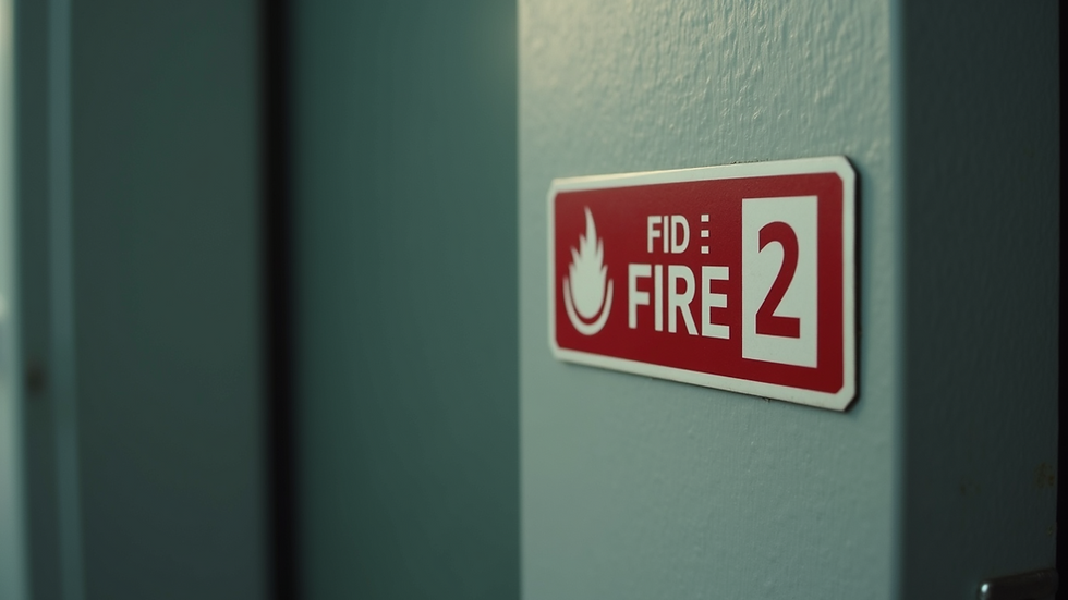 Close-up view of a fire door with a visible fire rating label