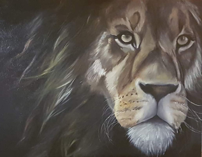 peinture à l'huile lion, tableau lion regard felin