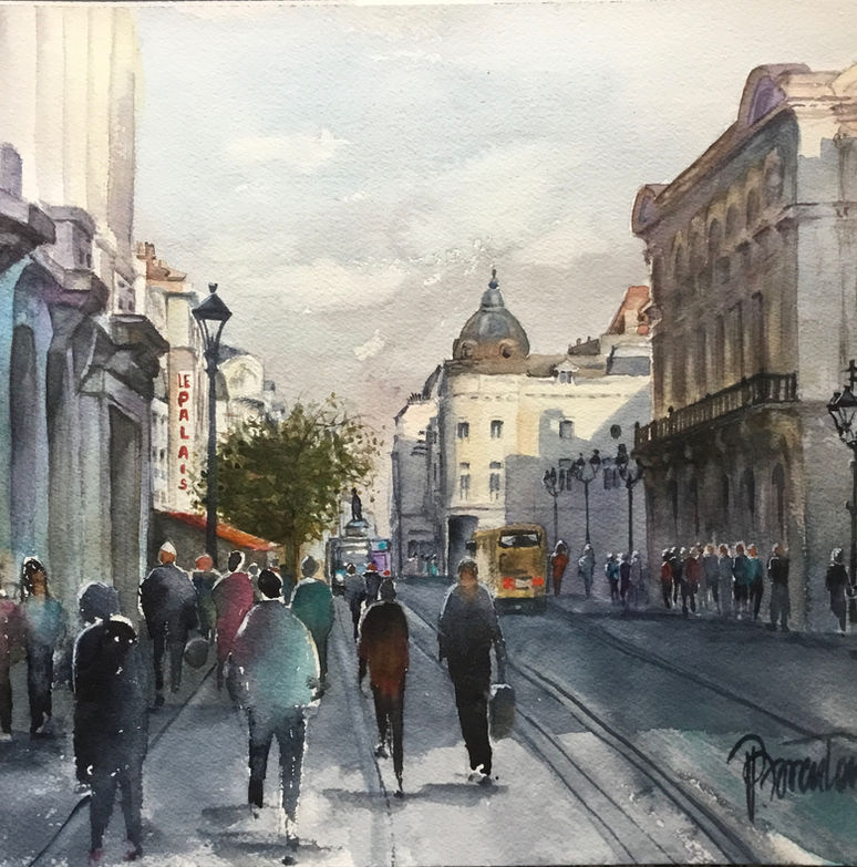 Cityscape Reims, tableau Reims, peinture ville de Reims, aquarelle théatre Reims