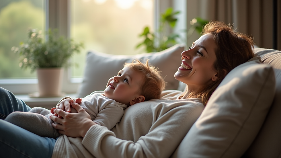 Nahaufnahme einer Mutter, die entspannt mit ihrem Kind im Wohnzimmer sitzt