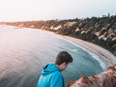 Person in blue hoodie overlooks a cliff with the ocean and a sandy beach below. The scene is serene with a soft, pastel sky.
