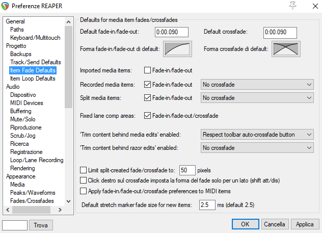 Impostare dissolvenze Reaper - Cross Fade e Fade in ed Out