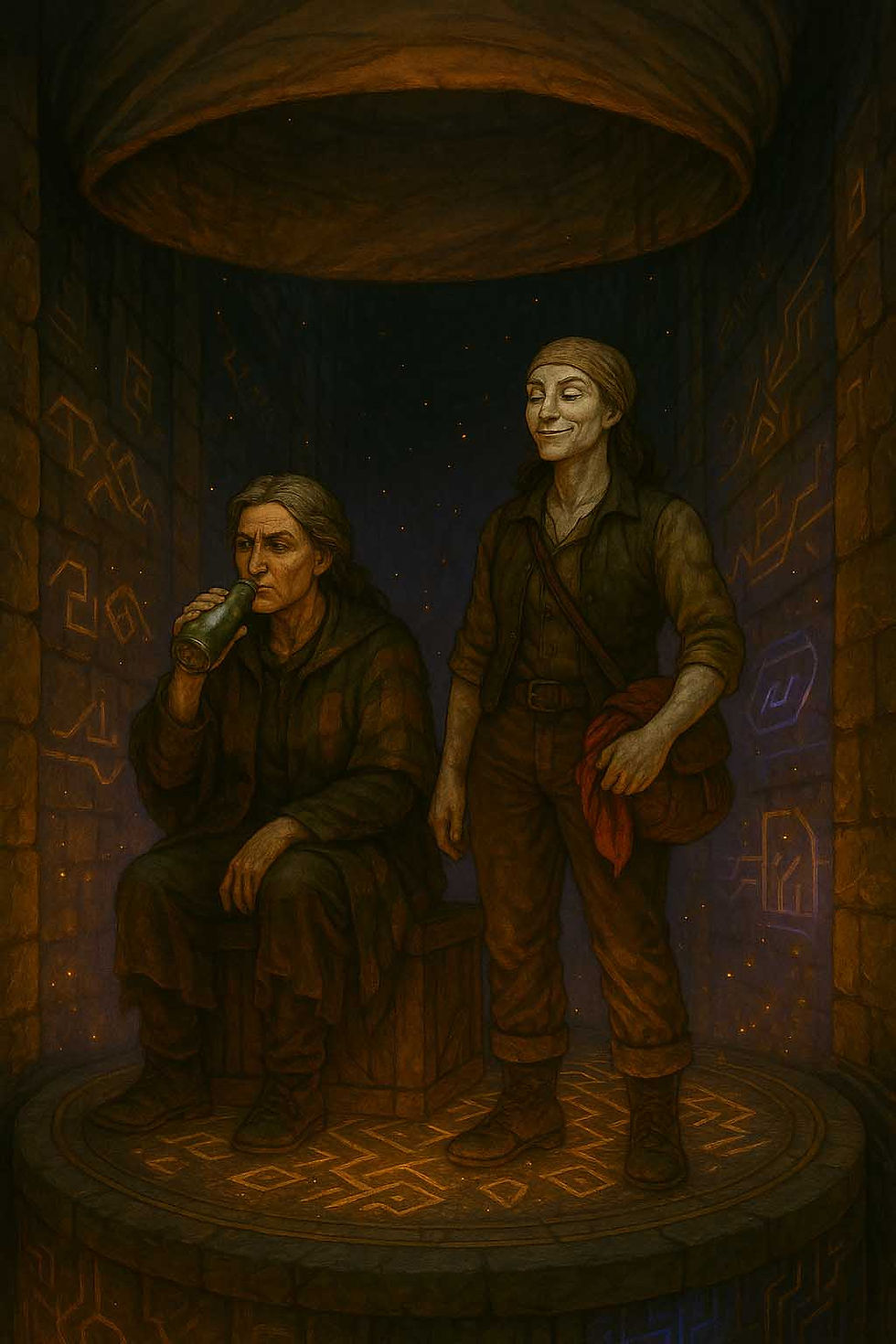 Two people in earth-toned clothes in a stone chamber with glowing symbols. One sits drinking from a bottle; the other stands smiling. Warm light.