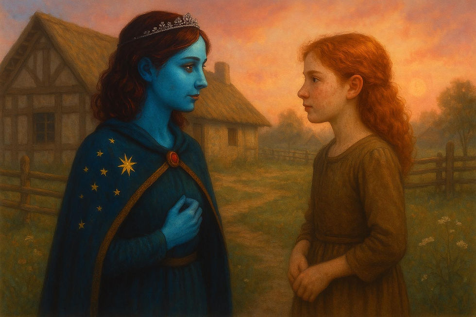 A blue-skinned woman in a starry cloak and tiara faces a red-haired girl in a medieval village at sunset, creating an enchanting mood.