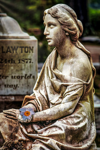 Weathered stone statue of a seated woman in draped robes at a grave, holding a single purple flower in her hand, symbolizing remembrance.