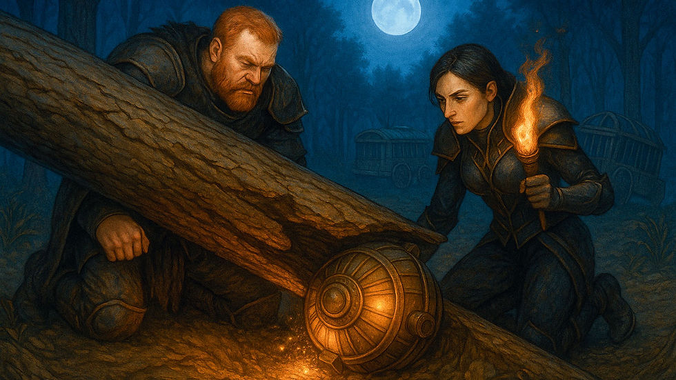 Two armored figures examine a glowing orb under a fallen log at night. One holds a torch in a moonlit forest with carts in the background.