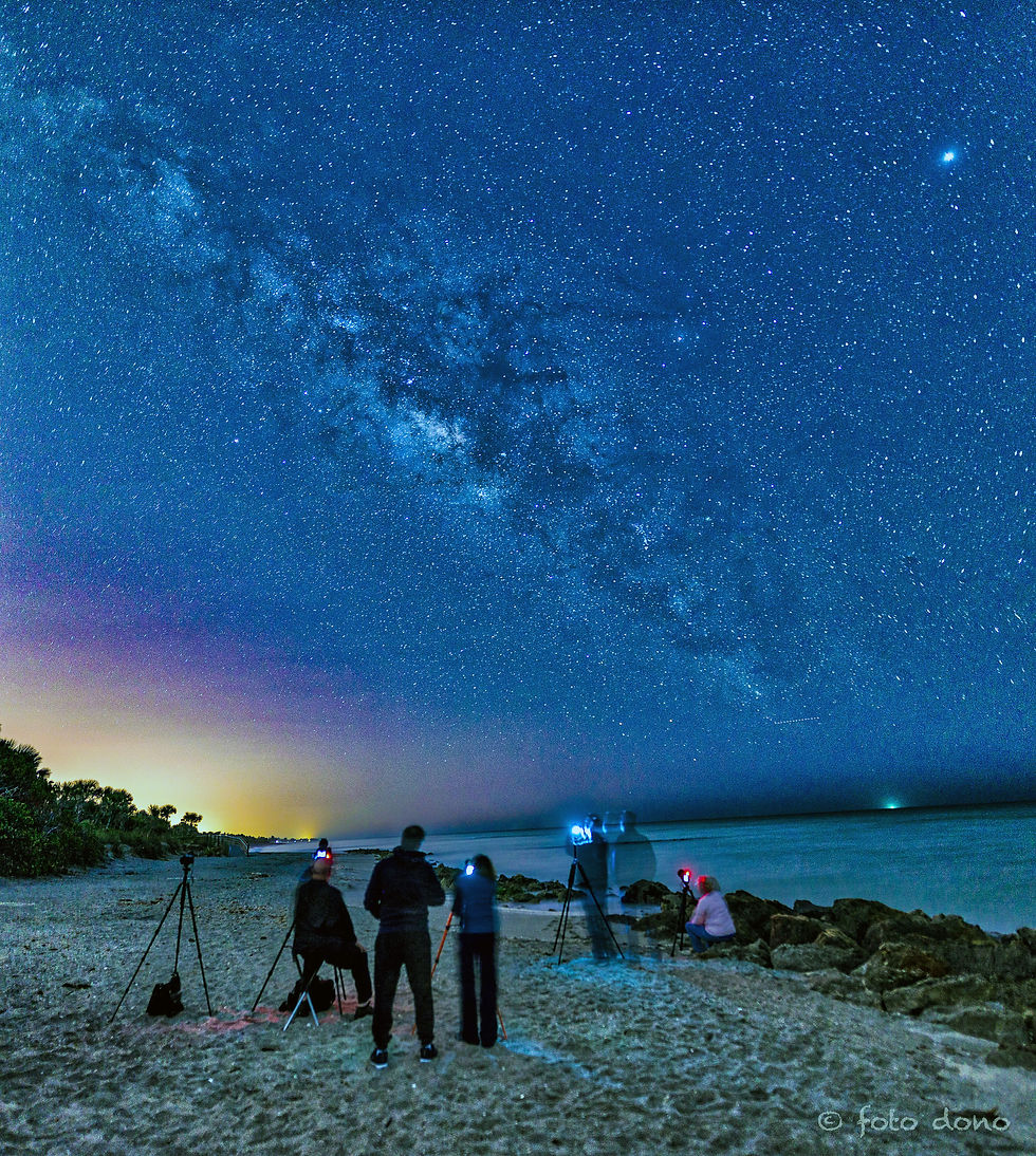 People with cameras on a beach observe the starry night sky and Milky Way. The ocean reflects the serene blue and purple hues.
