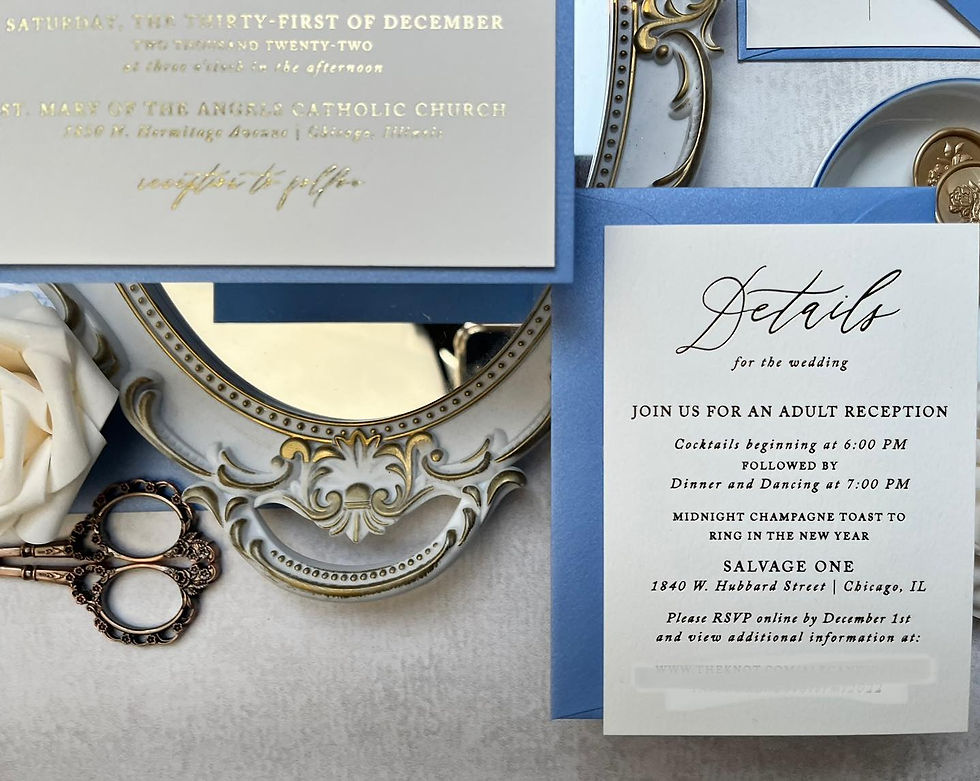 Thumbnail: Gold Wax Seals, Wax Seal Invitation, Invitation with Gold Foil, Gold Foil Stamping, Dusty Blue wedding