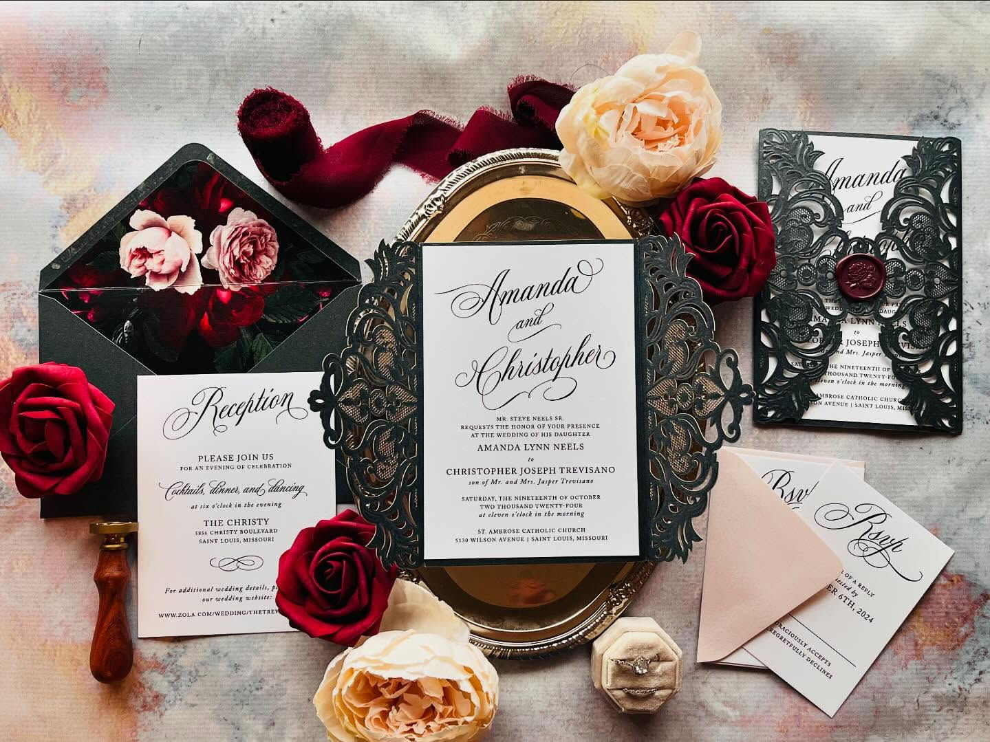 Black Shimmer Lasercut Gatefold Script Wedding Invitations