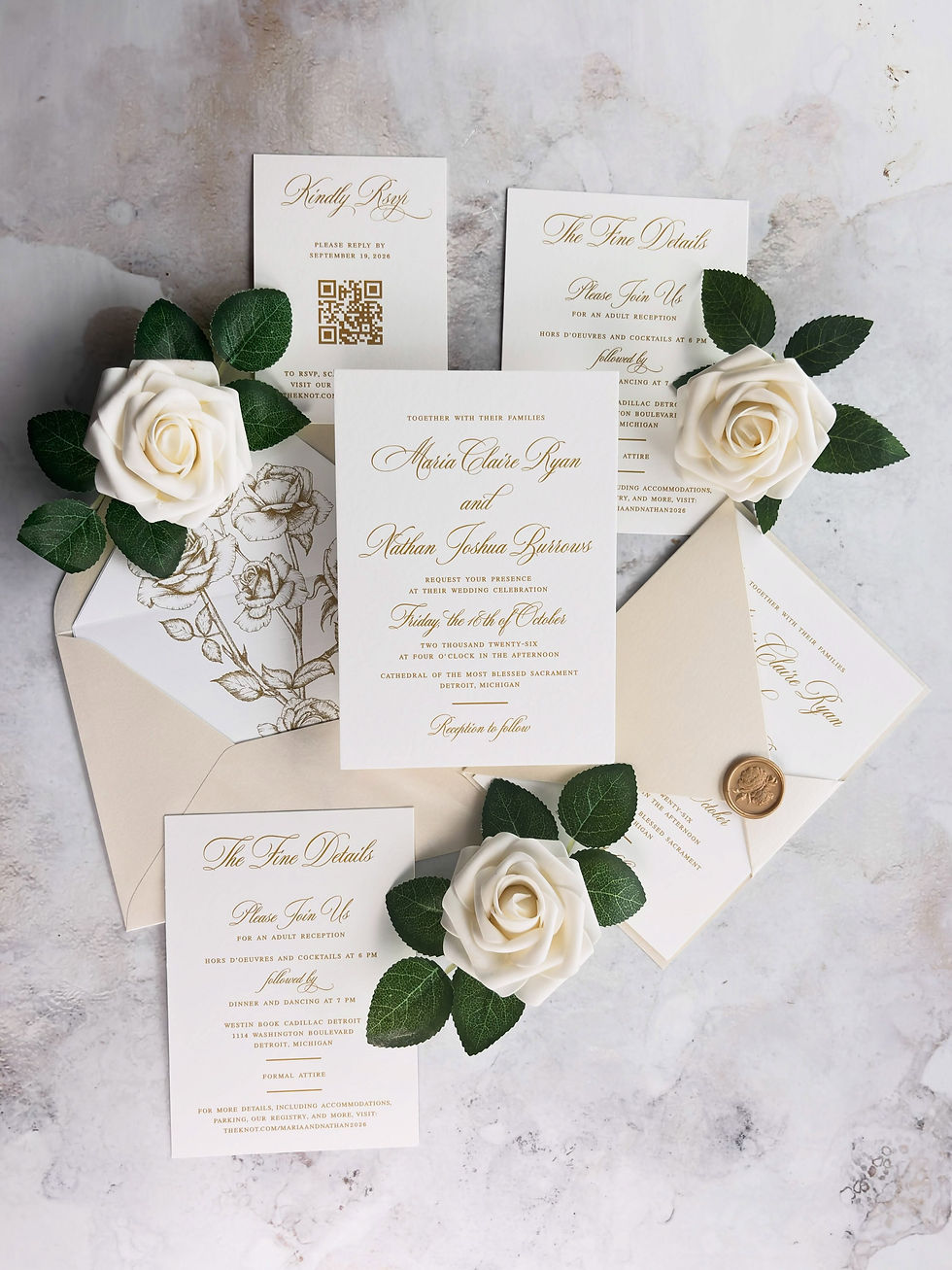 Gold and Ivory Wedding Invitations, Classic Wedding Invitations, Gorgeous Wedding Invites, Flat Printed Invites, Affordable