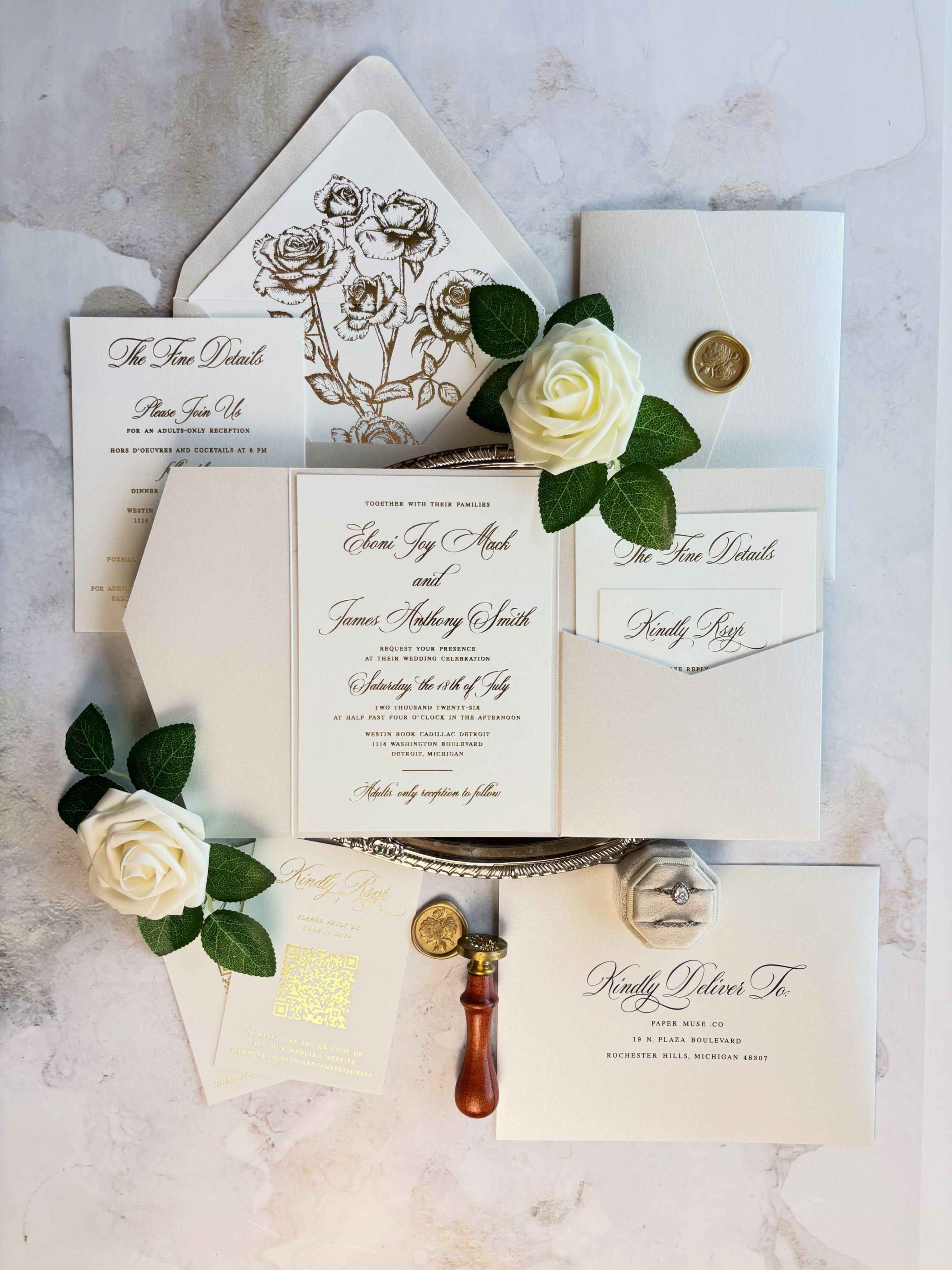 Classic Elegant Ivory and Gold Foil Pocket Wedding Invitations 102