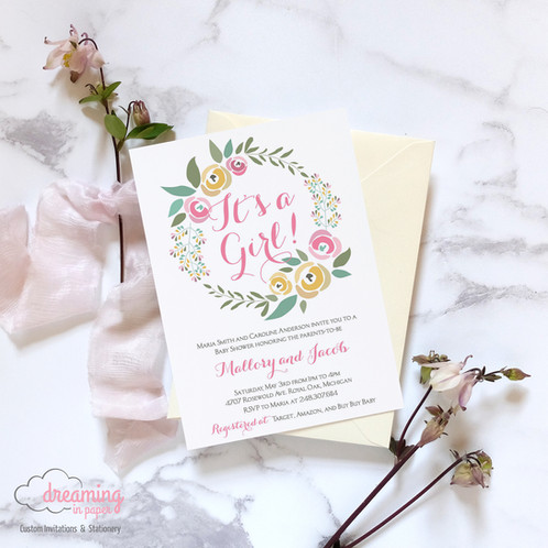 It S A Girl Floral Wreath Baby Shower Invitation It S A Girl Floral Wreath Baby Shower Invitation