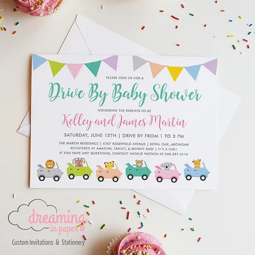 Drive By Animal Parade Baby Shower Invitations Dreaminginpaper