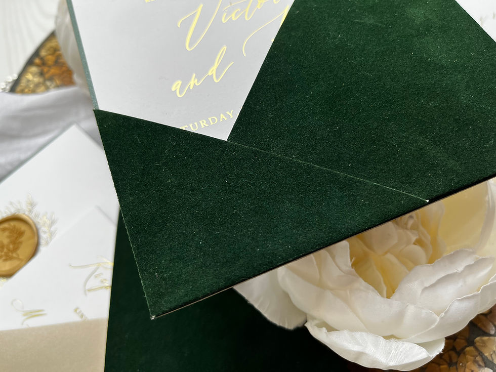 Thumbnail: Angled Velvet Pocket Foil Botanical Wedding Invitations Emerald Green