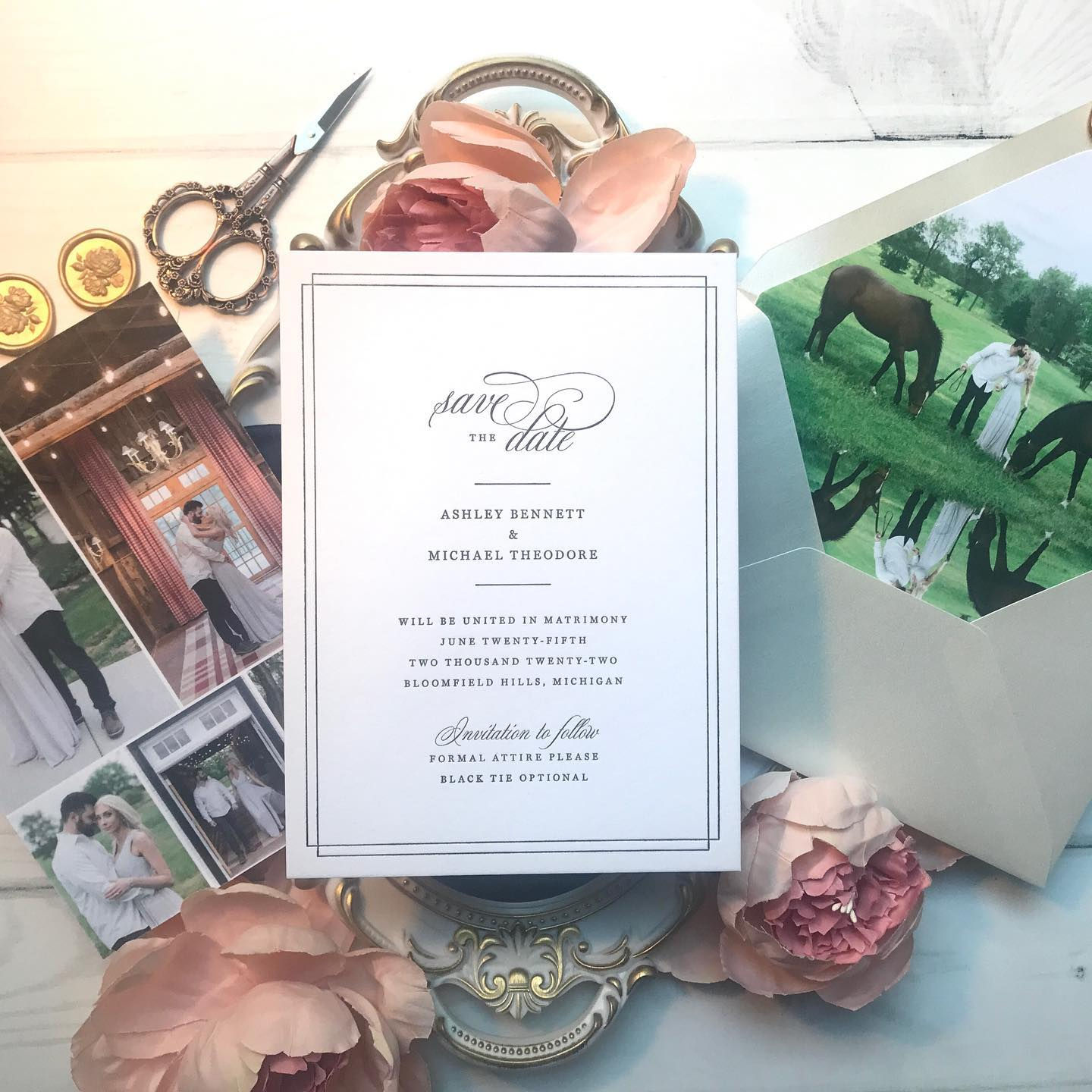 Traditional Letterpress Black Tie Wedding Save the Dates