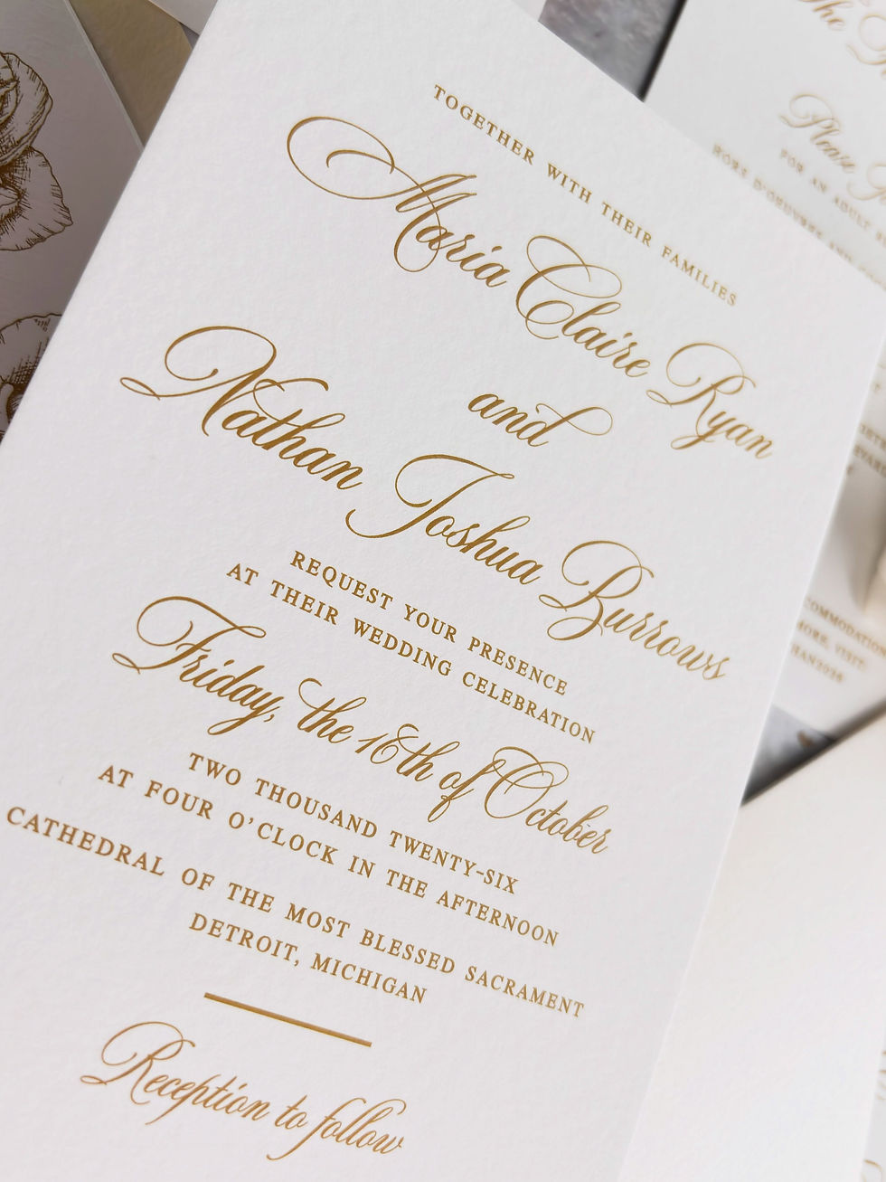 Thumbnail: Gold and Ivory Wedding Invitations, Classic Wedding Invitations, Gorgeous Wedding Invites, Flat Printed Invites, Affordable