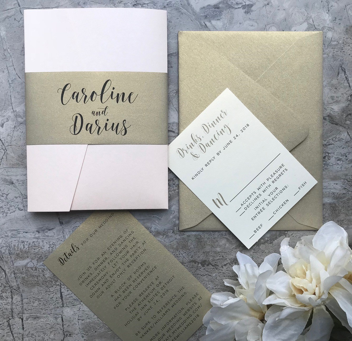 Soft Coral Blush And Gold Modern Pocket Wedding Invitations