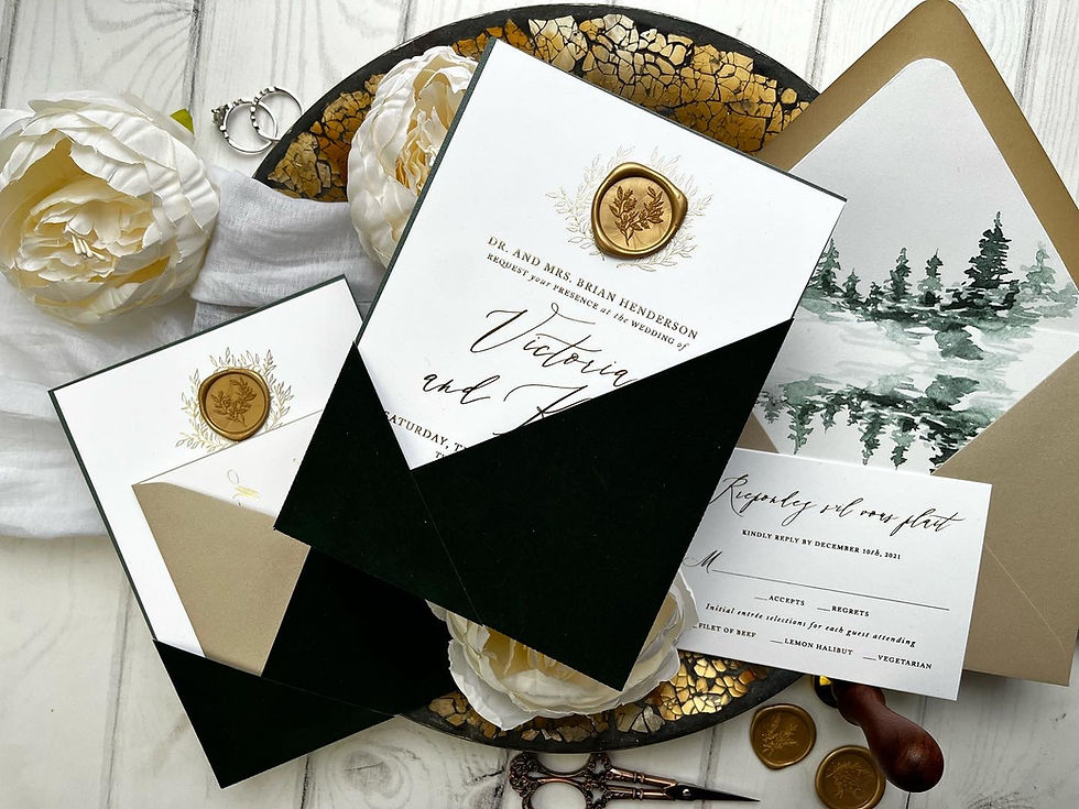 Thumbnail: Angled Velvet Pocket Foil Botanical Wedding Invitations Emerald Green
