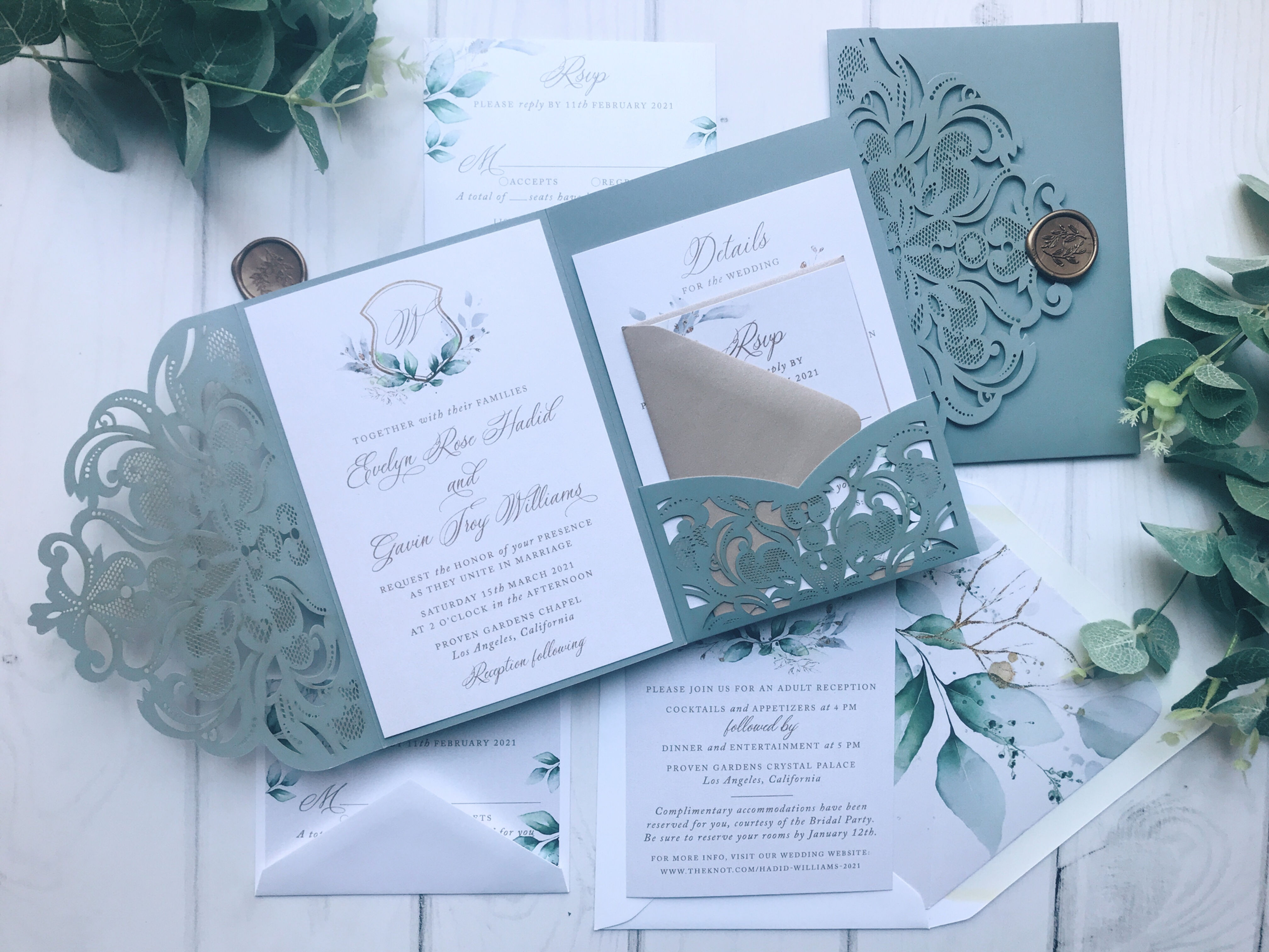 Dusty Blue Shimmer Laser Cut Pocket Invitations Greenery Crest