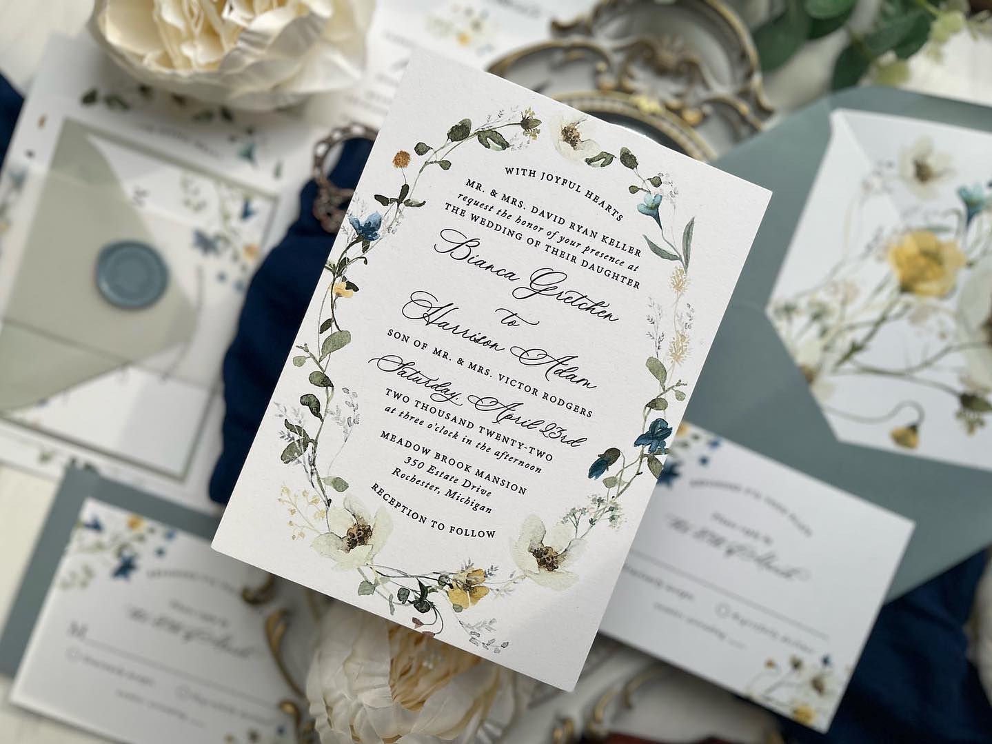 Dusty Blue Wildflower Wreath Wedding Invitations 457