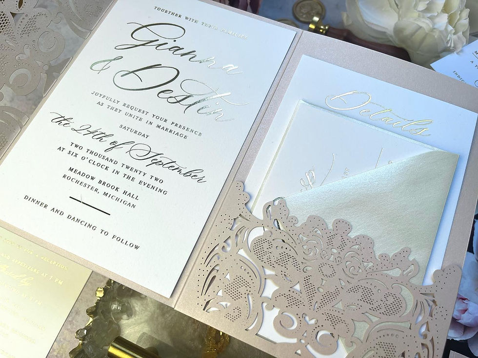 Thumbnail: Blush Shimmer Laser Cut Gold Foil King Pocket Invitations 900