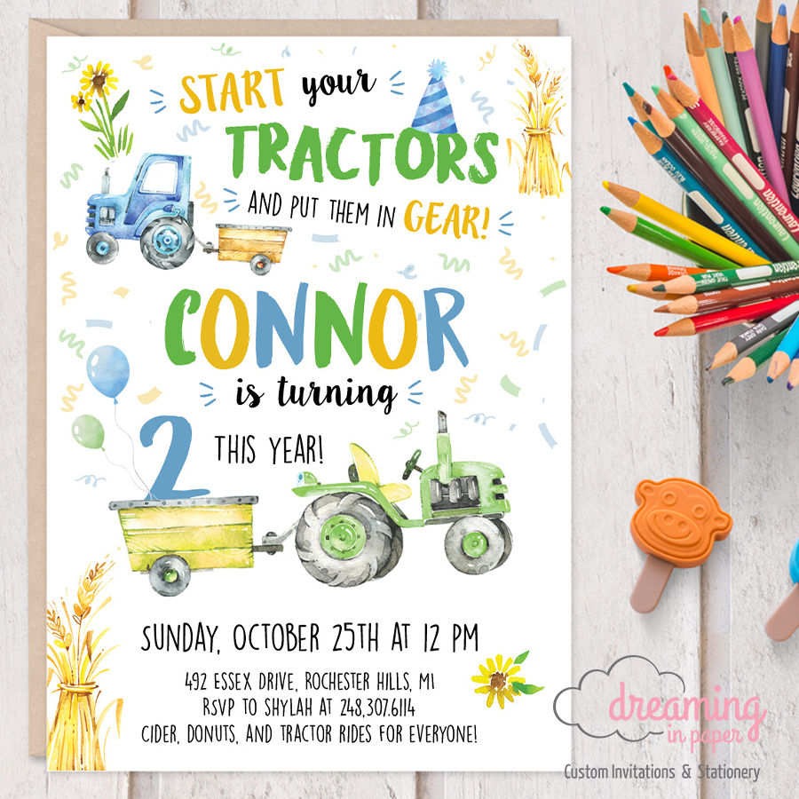 Tractors and Trucks Birthday Party Invite Invitation